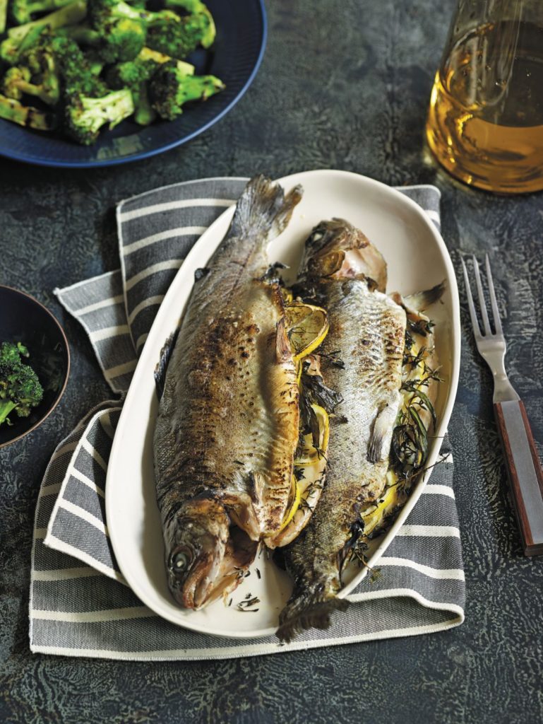 Grilled Whole Trout in Parchment Paper with Garlic Broccoli - Dr Drew ...